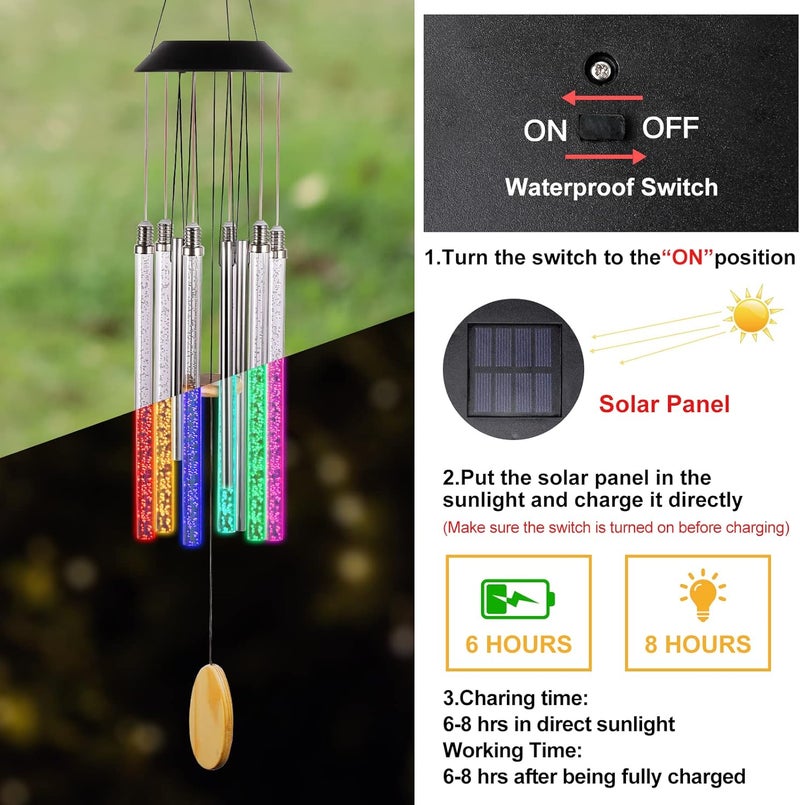 DesGully Solar Wind Chimes for Outside, 6 LED Tubes Color Changing Outdoor Clearance Unique Garden Decor Colorful Patio, Gifts for Her/Him (37" Long) - Image 5